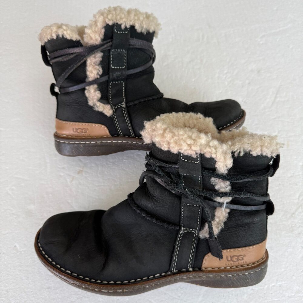 Size 7 - UGG La Jolla Black Leather Winter Boots Womens Wraparound Lacing